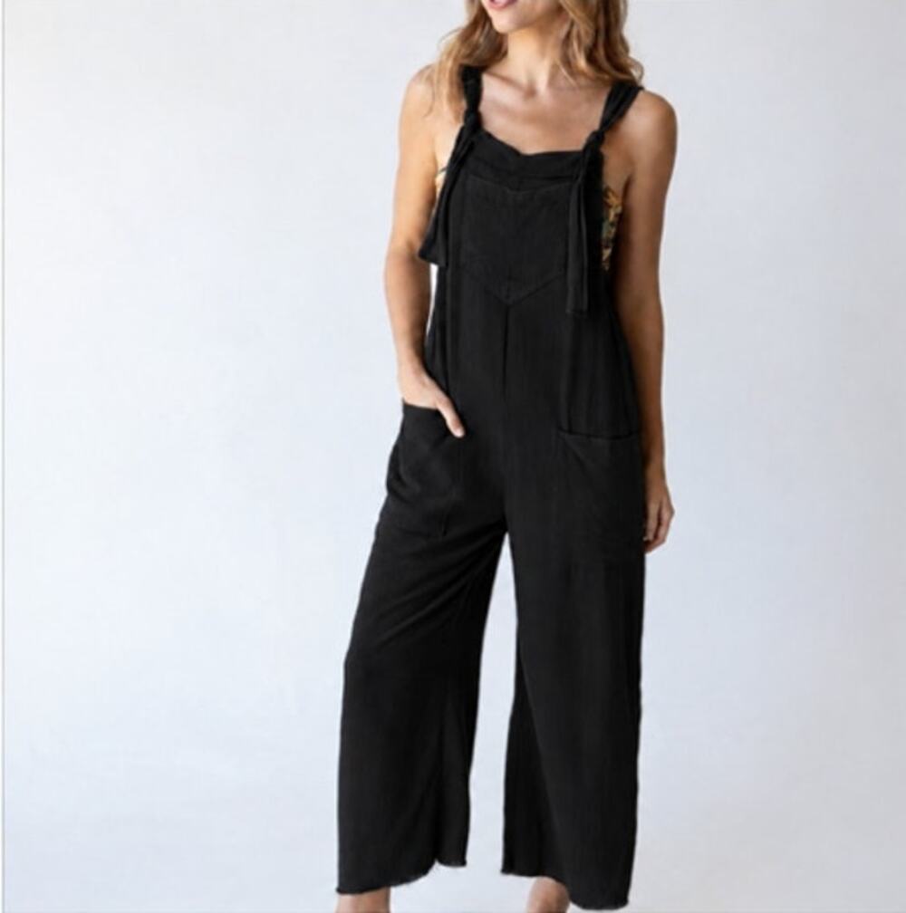 Natural Life NWT Black Tie Strap Linen Blend Wide Leg Jumpsuit Overalls Small